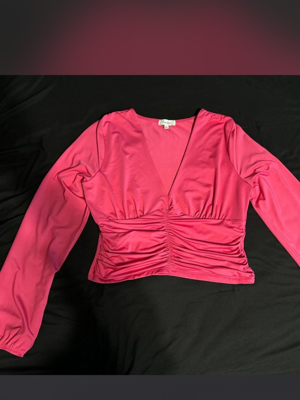 Ruched V-Neck Long Sleeve Top in Bright Pink